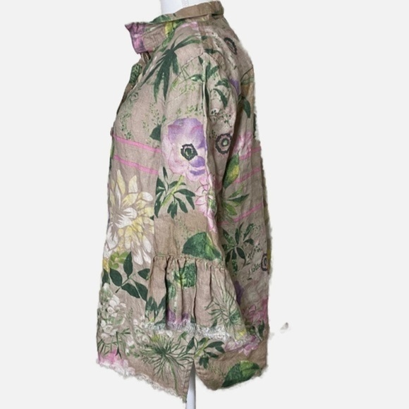 John Mark Linen Cream Blouse with Pink Floral Print Blouse‎ - Picture 2 of 11